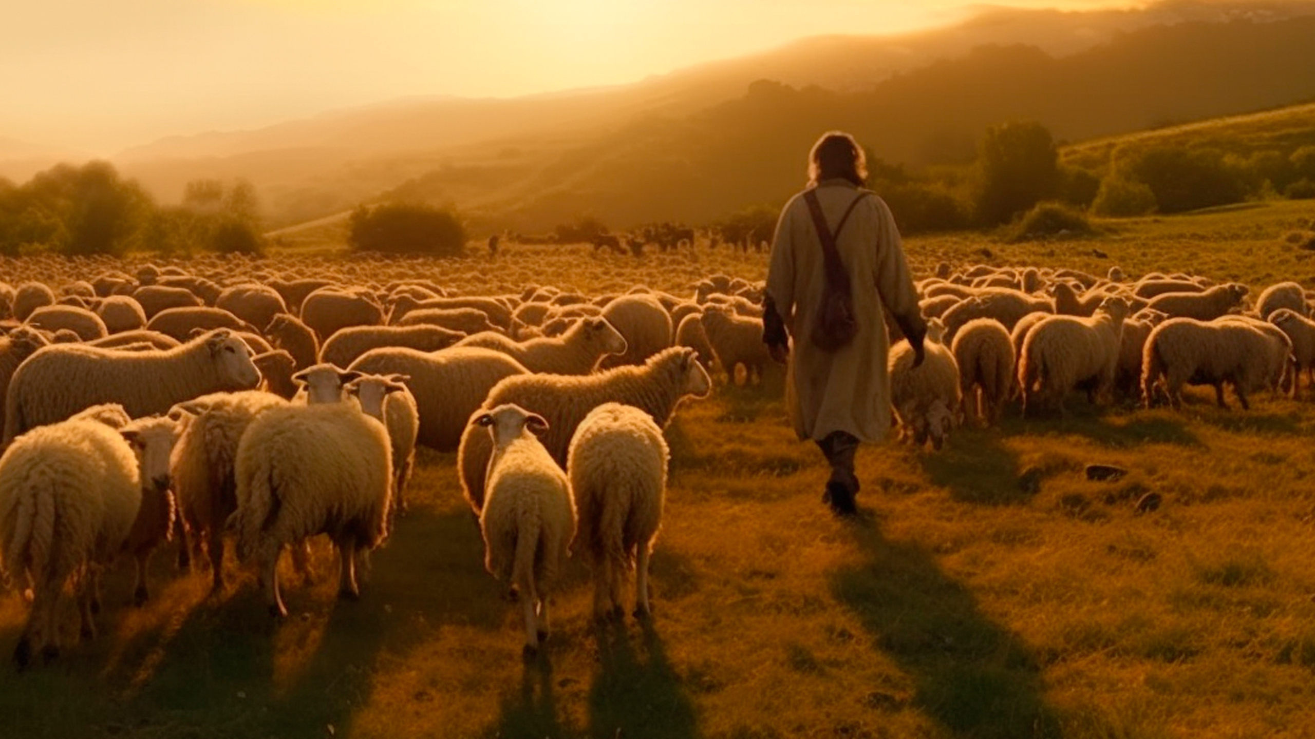 Shepherd Jesus Christ taking care of the lamb and a flock of she