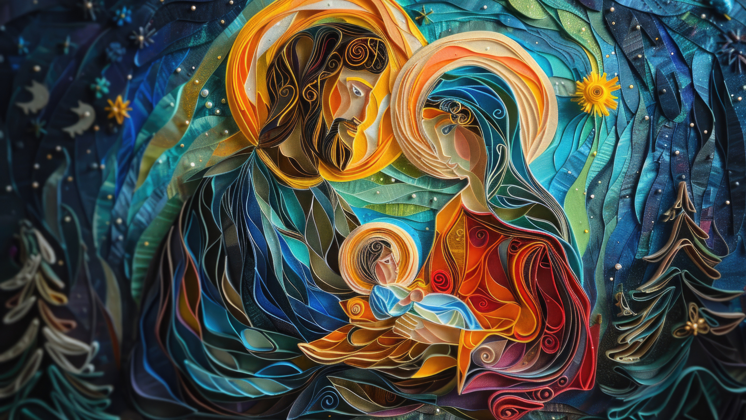 A traditional painting of a nativity scene with baby Jesus in a manger. Suitable for religious themes and Christmas concepts