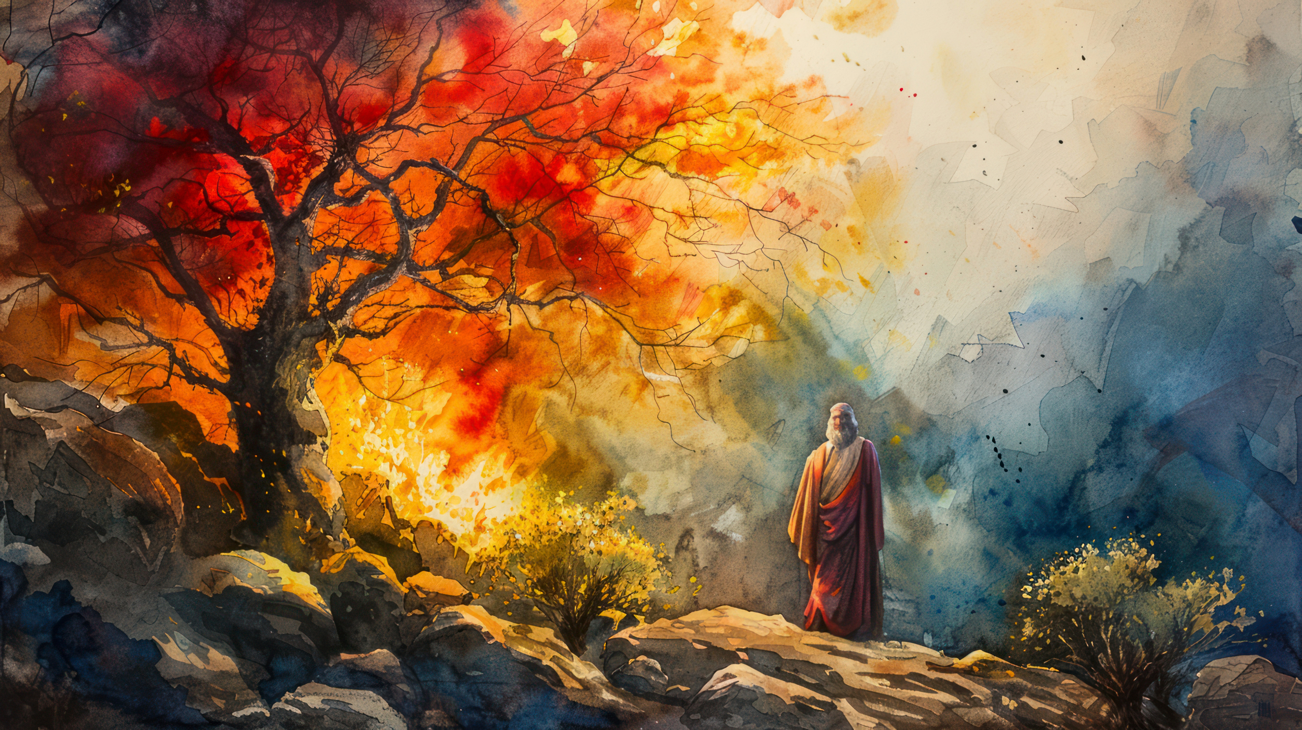 Moses Confronts the Burning Bush in Watercolor