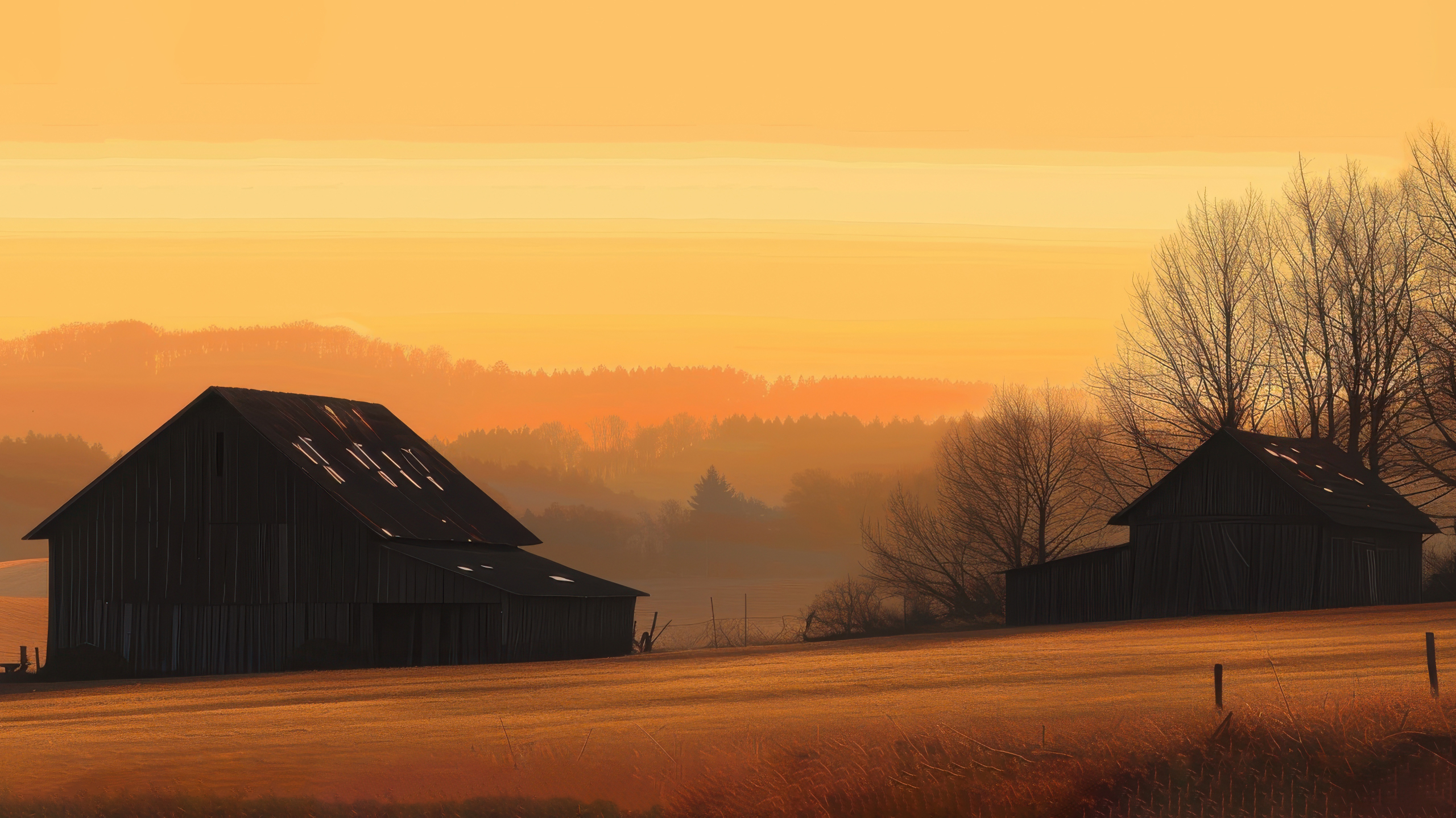 Two Silhouetted Barns on a Rural Farm at Sunset
