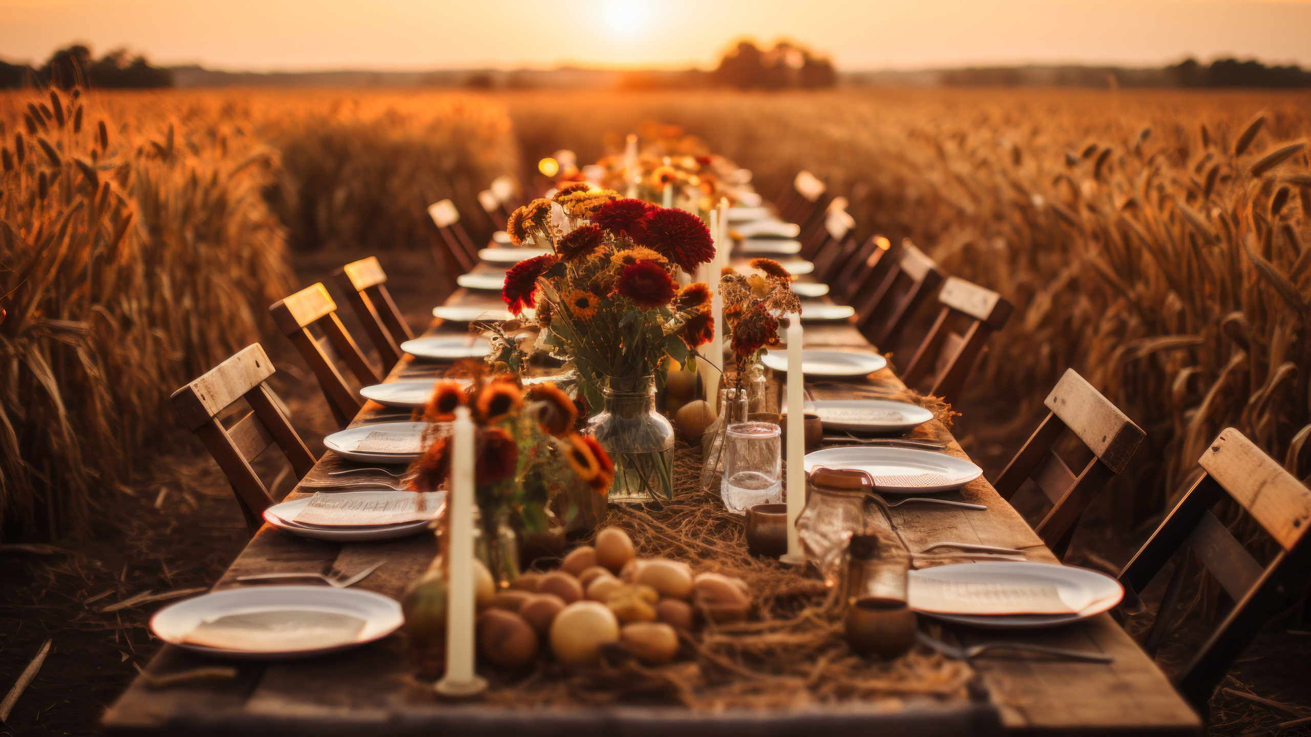 Autumn outdoor long banquet table setting, wheat field, fall har