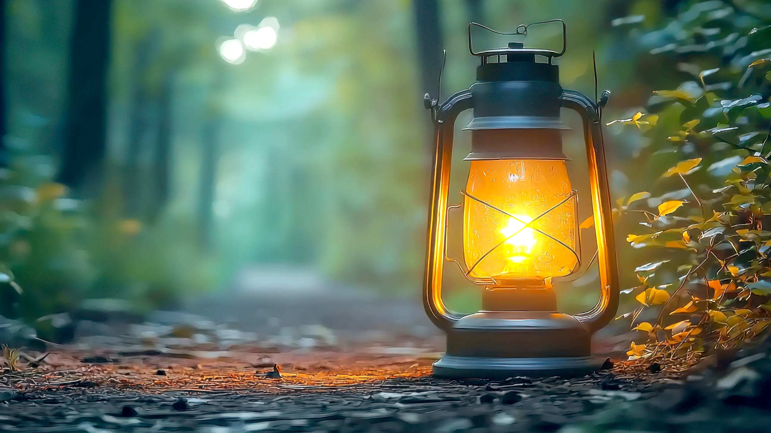 vintage lantern illuminating a tranquil path in a serene forest