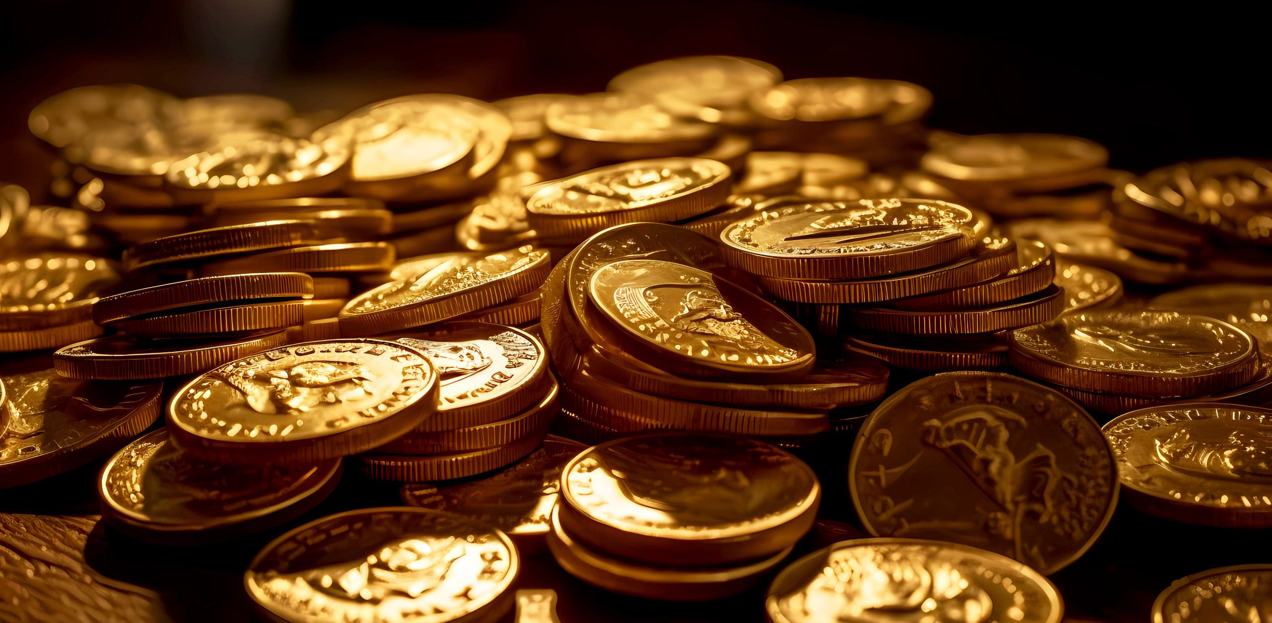A pile of gold coins shimmers in the rays of light.