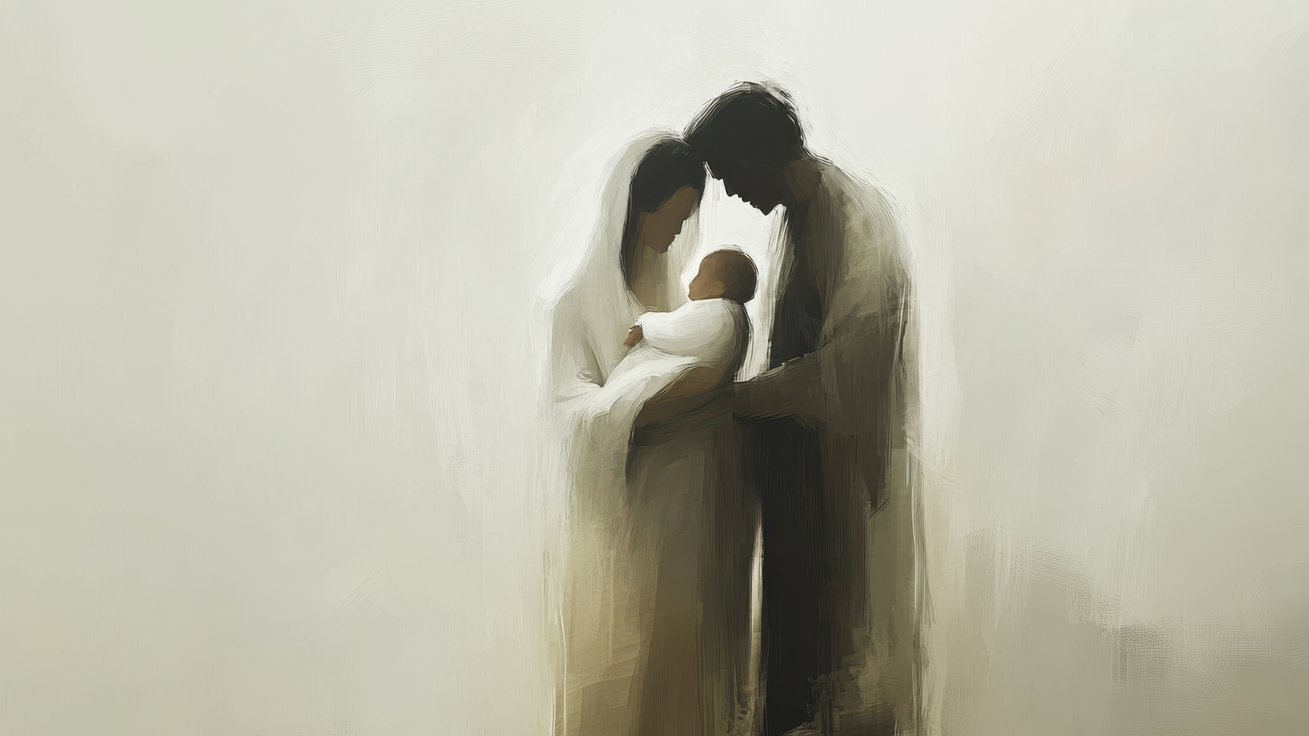Soft and painterly nativity scene with abstract forms, gentle lighting, and a focus on emotion and subtle beauty. Nativity scene, New Year, Christmas