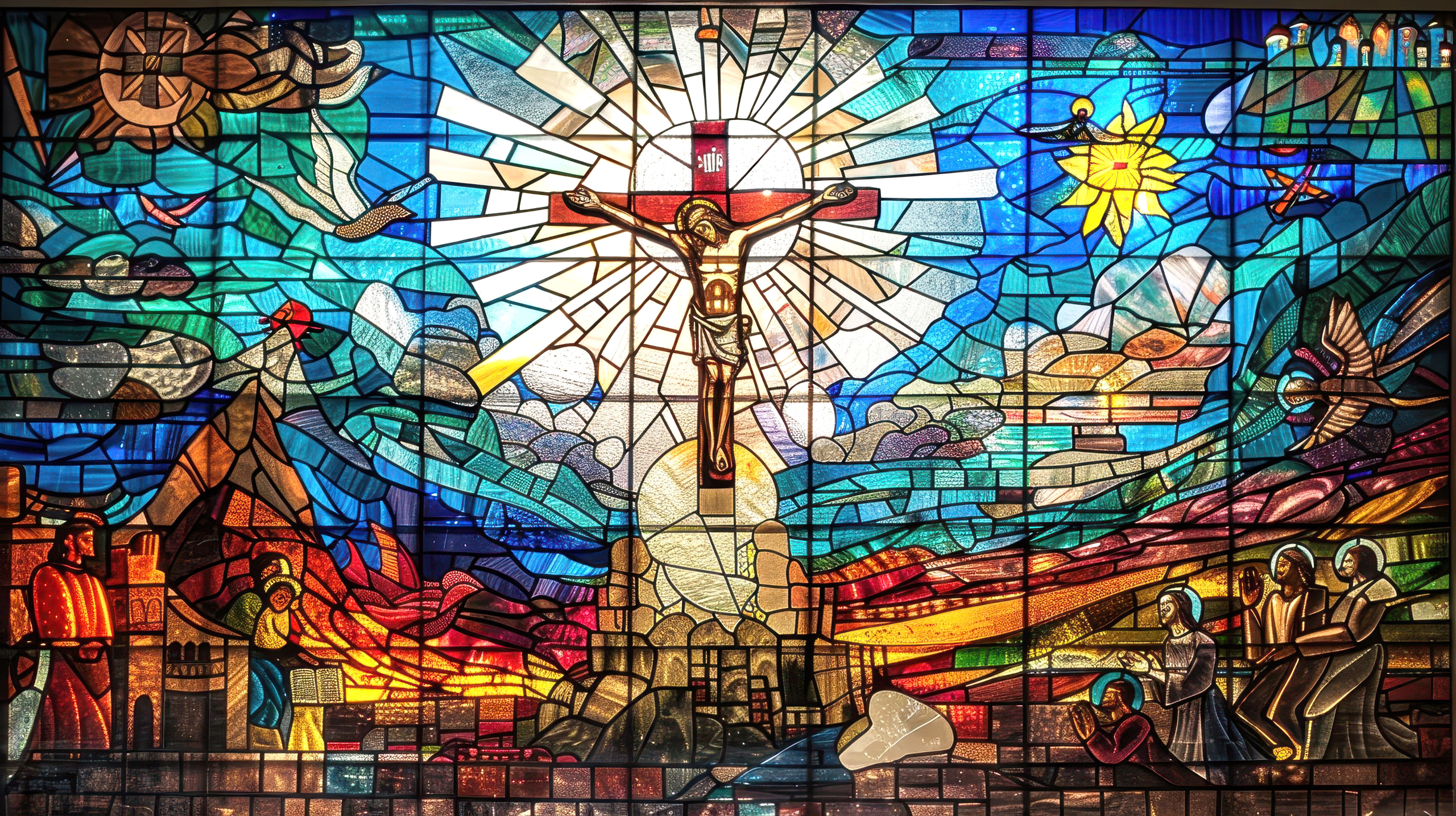 A vibrant stained glass mural shows the crucifixion of Christ, s